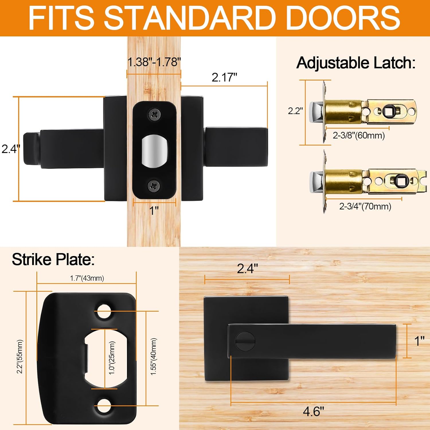 5-Pack Matte Black Door Handles Privacy Levers - Keyless Interior Knobs for Bedroom & Bathroom - Reversible Square Design