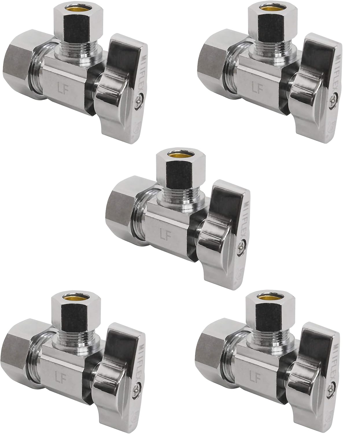 5 Pack Miiflex Heavy Duty 1/4 Turn Angle Shut Off Valve 1/2" NOM Comp Inlet x 3/8" OD Outlet Chrome Plated Brass