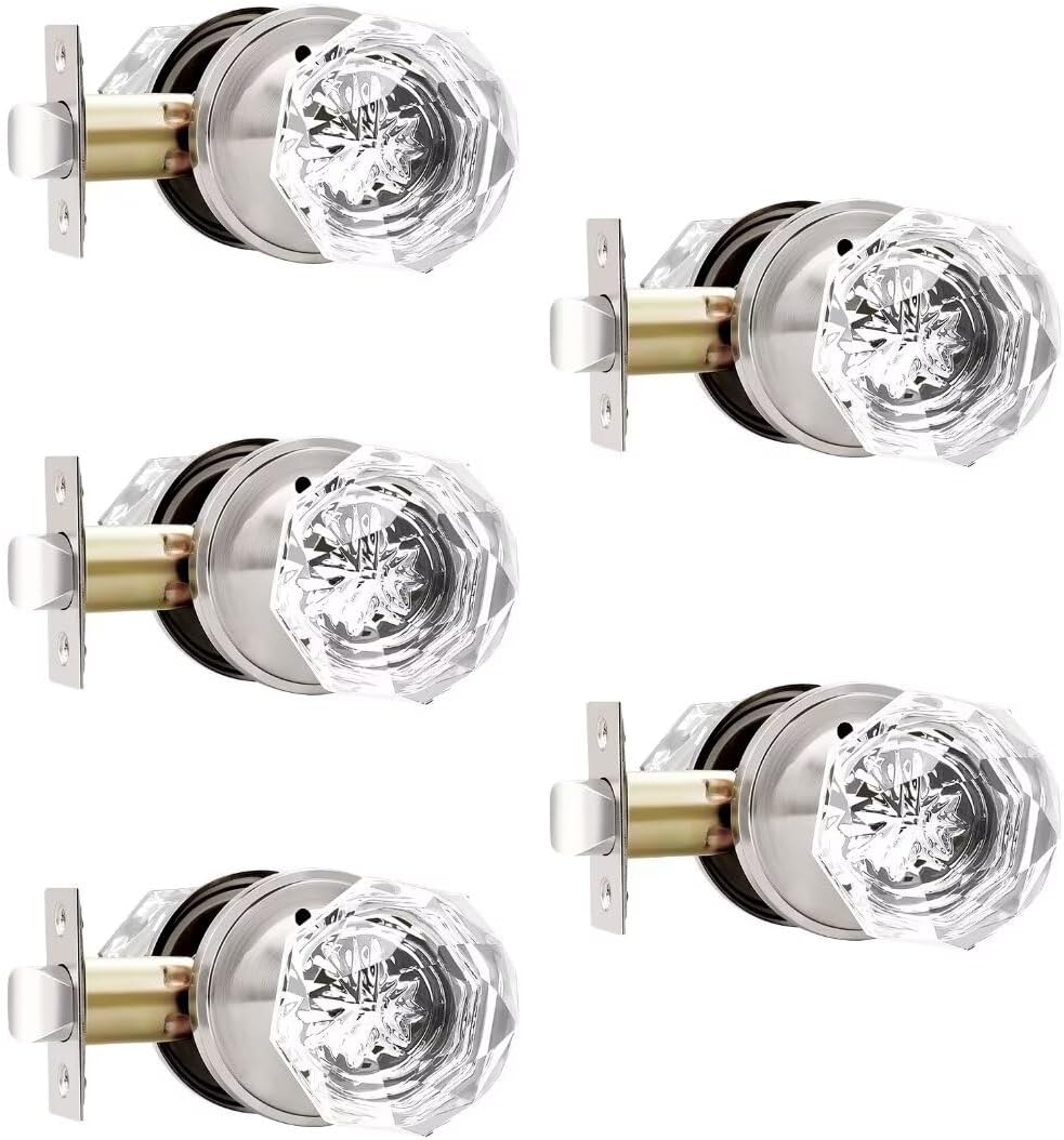 5-Pack NIZADO Privacy Crystal Door Knobs with Lock, Glass Satin Nickel Finish - Ideal for Bedroom and Bathroom Doors