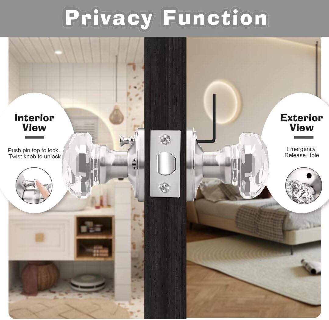 5-Pack NIZADO Privacy Crystal Door Knobs with Lock, Glass Satin Nickel Finish - Ideal for Bedroom and Bathroom Doors
