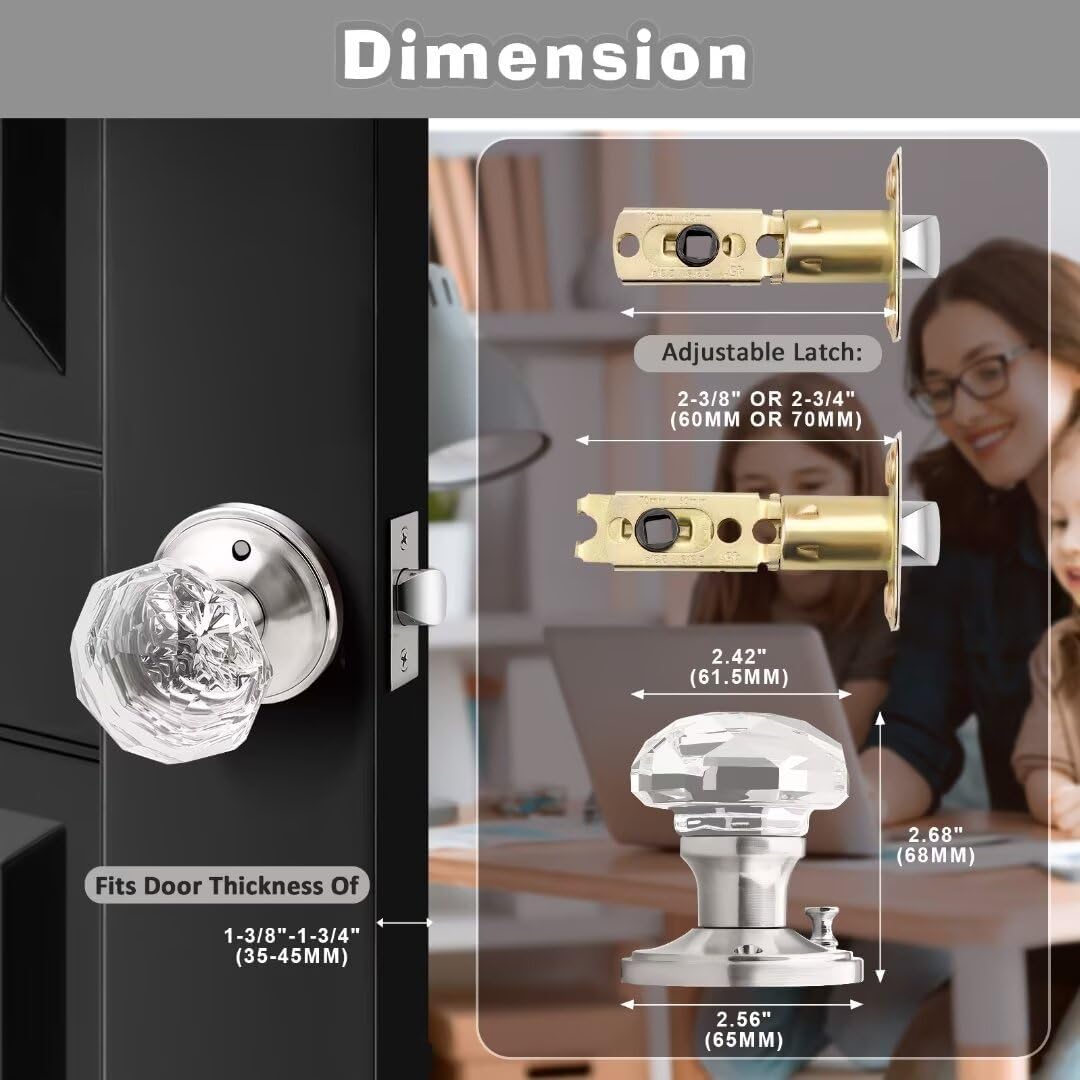 5-Pack NIZADO Privacy Crystal Door Knobs with Lock, Glass Satin Nickel Finish - Ideal for Bedroom and Bathroom Doors