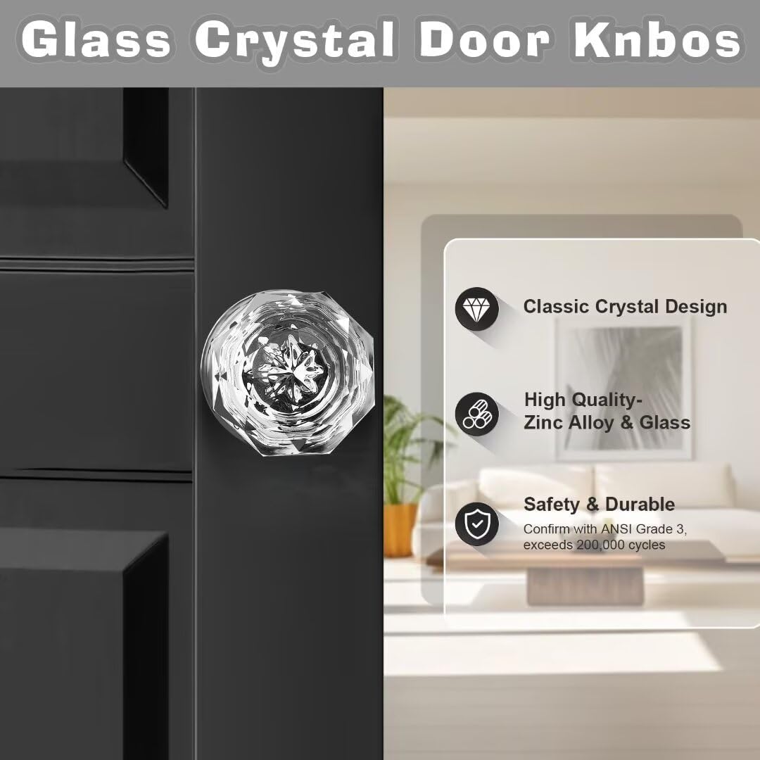 5-Pack NIZADO Privacy Crystal Door Knobs with Lock, Glass Satin Nickel Finish - Ideal for Bedroom and Bathroom Doors