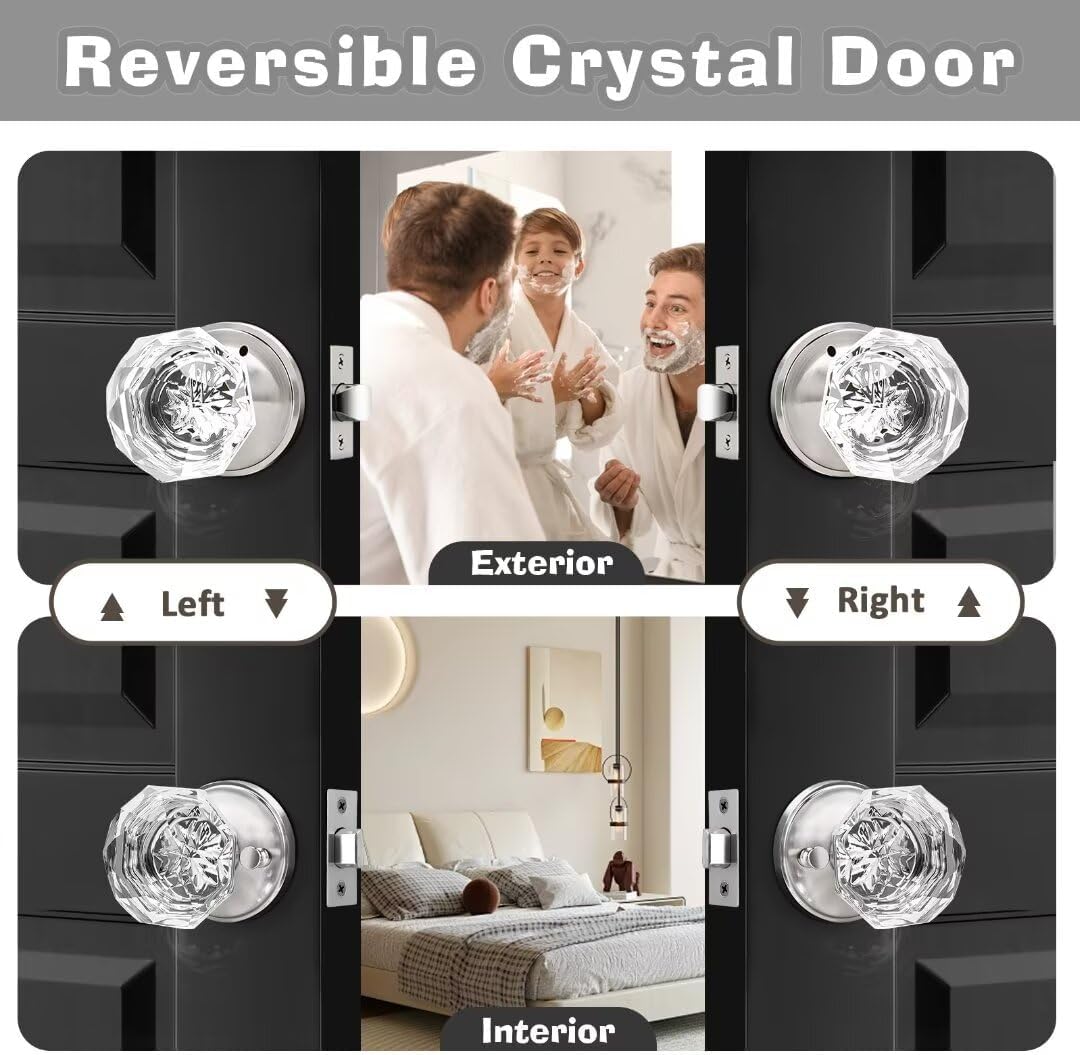 5-Pack NIZADO Privacy Crystal Door Knobs with Lock, Glass Satin Nickel Finish - Ideal for Bedroom and Bathroom Doors