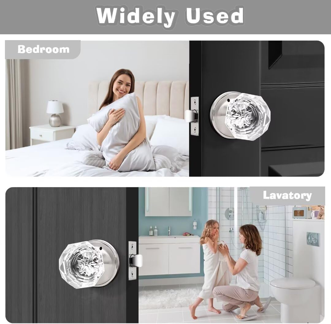 5-Pack NIZADO Privacy Crystal Door Knobs with Lock, Glass Satin Nickel Finish - Ideal for Bedroom and Bathroom Doors