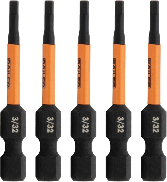 5 Pack of 3/32" Hex Impact Driver Bits with Quick Release Railer Allen Wrench Drill Hex Bits - S2 Steel, 2 inch Length
