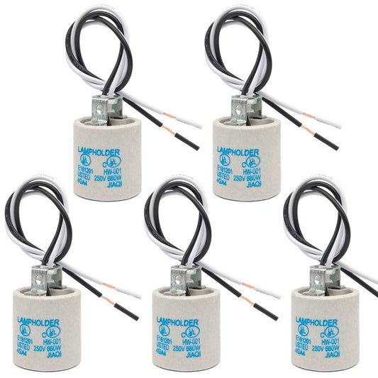 5 Pack of Ceramic E26 Standard Medium Screw Sockets with 12 inch Wire Lead - Ideal for Halogen, Incandescent, and LED Light Bulbs