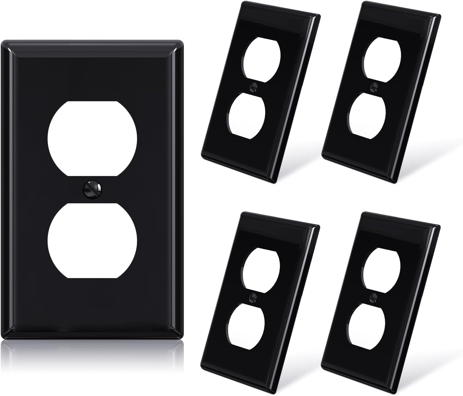 5 Pack of ELEGRP 1-Gang Standard Size Duplex Receptacle Outlet Covers in Glossy Black, Unbreakable Polycarbonate Faceplates with Color-Matched Screws