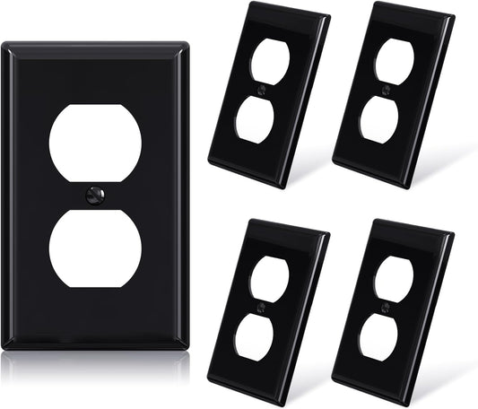 5 Pack of ELEGRP 1-Gang Standard Size Duplex Receptacle Outlet Covers in Glossy Black, Unbreakable Polycarbonate Faceplates with Color-Matched Screws
