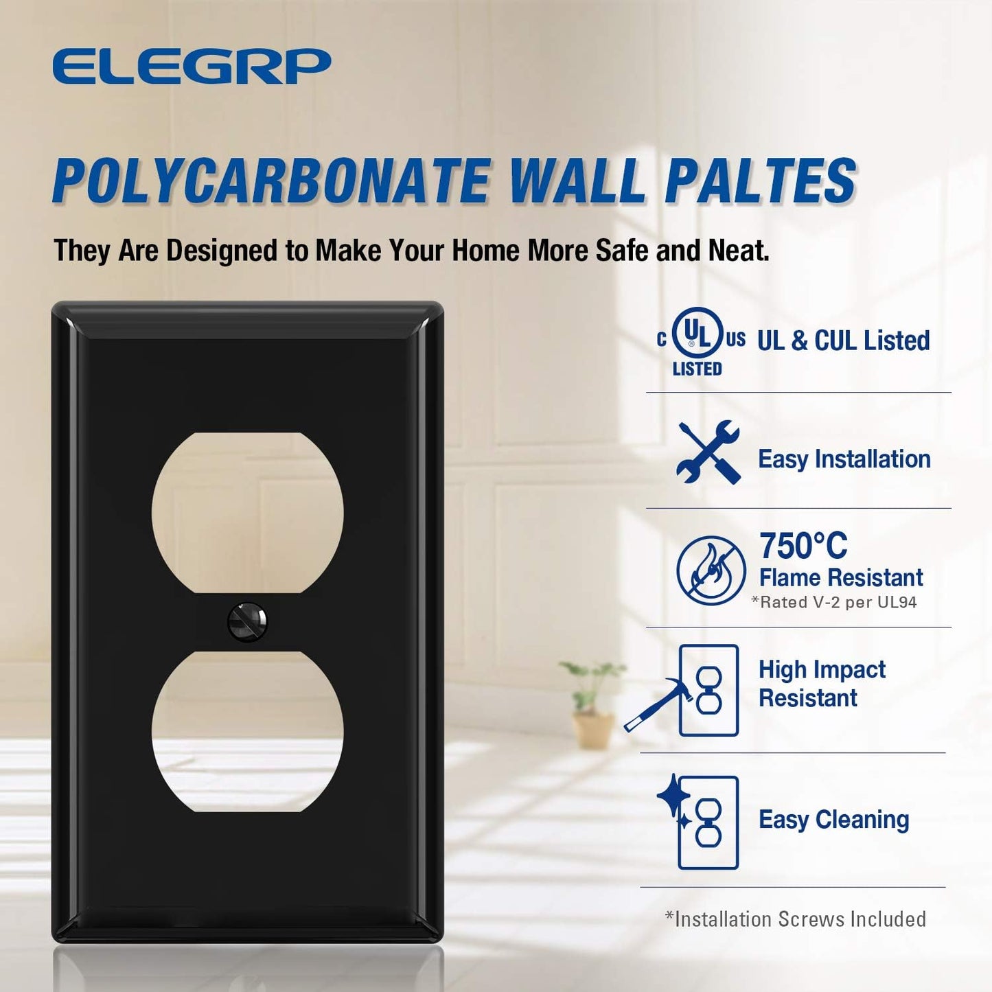 5 Pack of ELEGRP 1-Gang Standard Size Duplex Receptacle Outlet Covers in Glossy Black, Unbreakable Polycarbonate Faceplates with Color-Matched Screws