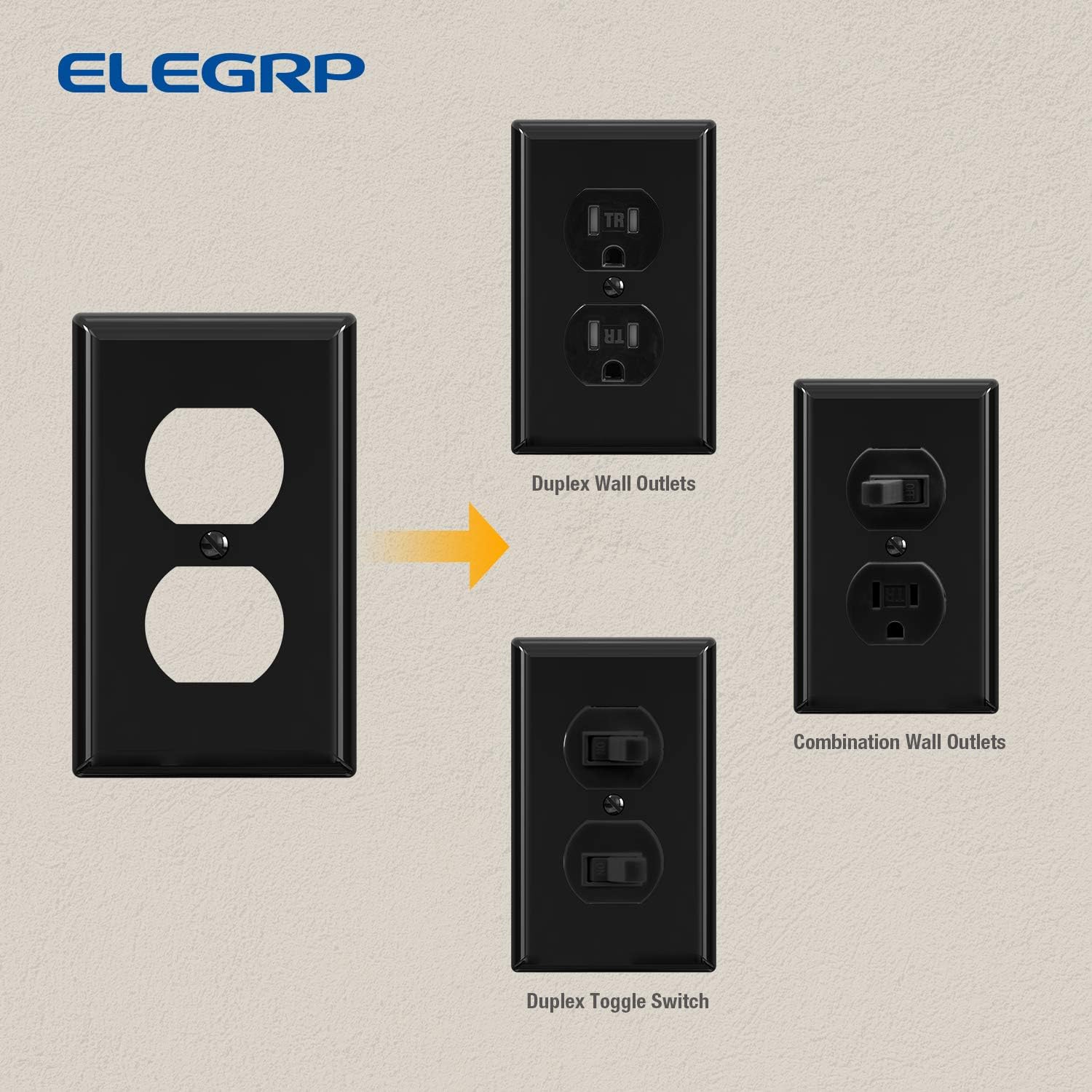 5 Pack of ELEGRP 1-Gang Standard Size Duplex Receptacle Outlet Covers in Glossy Black, Unbreakable Polycarbonate Faceplates with Color-Matched Screws