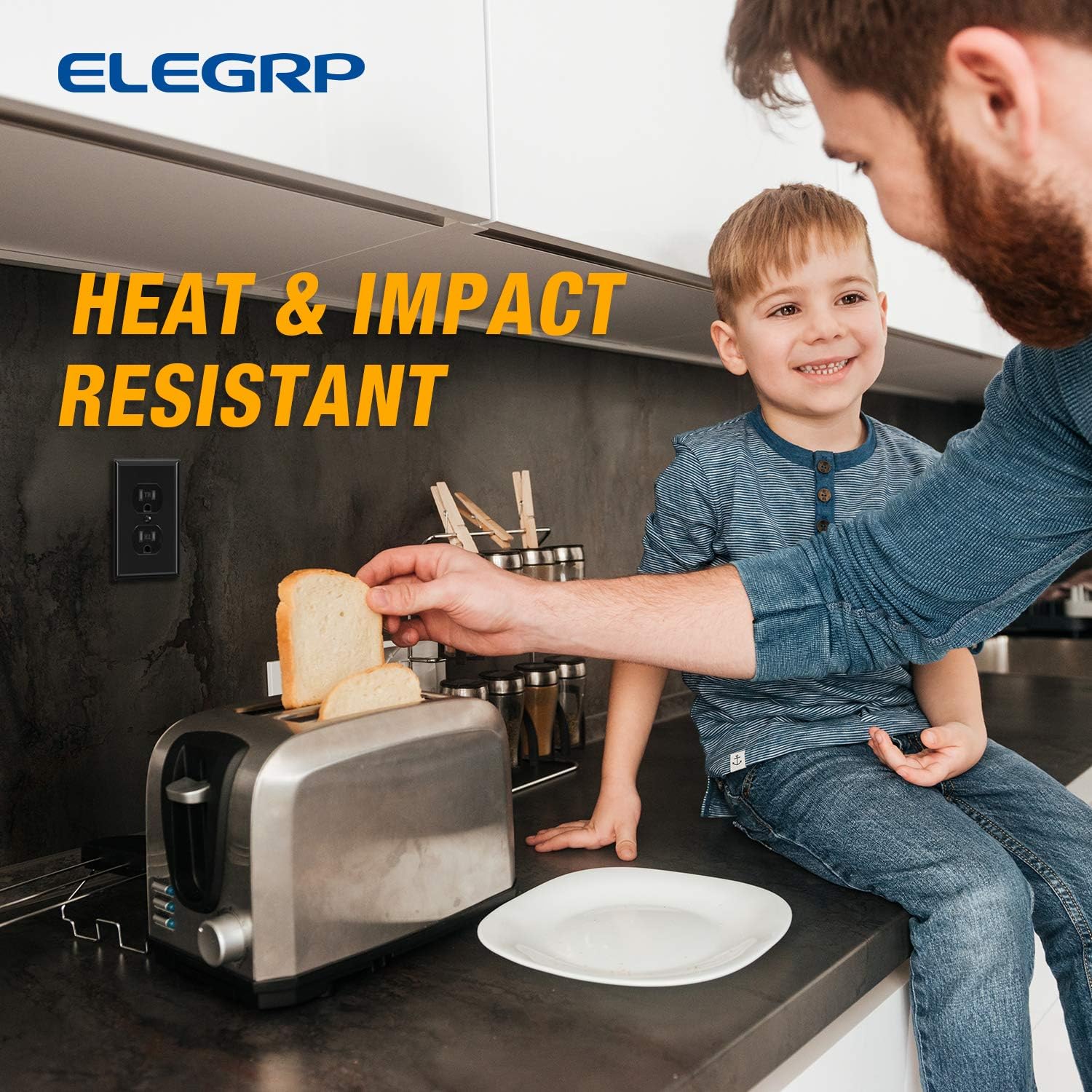 5 Pack of ELEGRP 1-Gang Standard Size Duplex Receptacle Outlet Covers in Glossy Black, Unbreakable Polycarbonate Faceplates with Color-Matched Screws