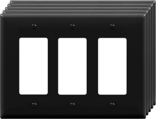 5-Pack of ENERLITES Mid-Size 3-Gang Decorator Wall Plate, Black Gloss Finish, Unbreakable Polycarbonate, UL Listed