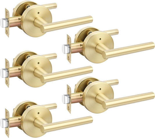 5 Pack of goldenwarm Gold Privacy Door Handles - Heavy Duty Zinc Alloy Interior Brushed Gold Lever for Bedroom & Bathroom