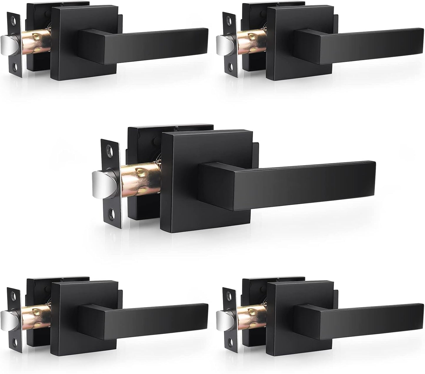 5 Pack of Probrico Matte Black Passage Door Levers - Square Hall Closet Handles, Heavy Duty Interior Non-Locking Lever Sets - Reversible for Right & Left Side