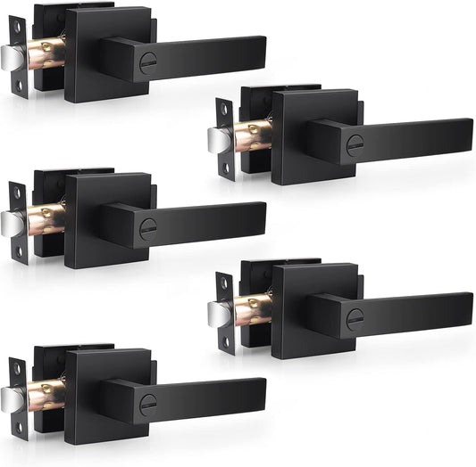 5 Pack of Probrico Square Privacy Levers in Matte Black Finish for Bed and Bath - Heavy Duty Keyless Interior Locksets for Right & Left Doors