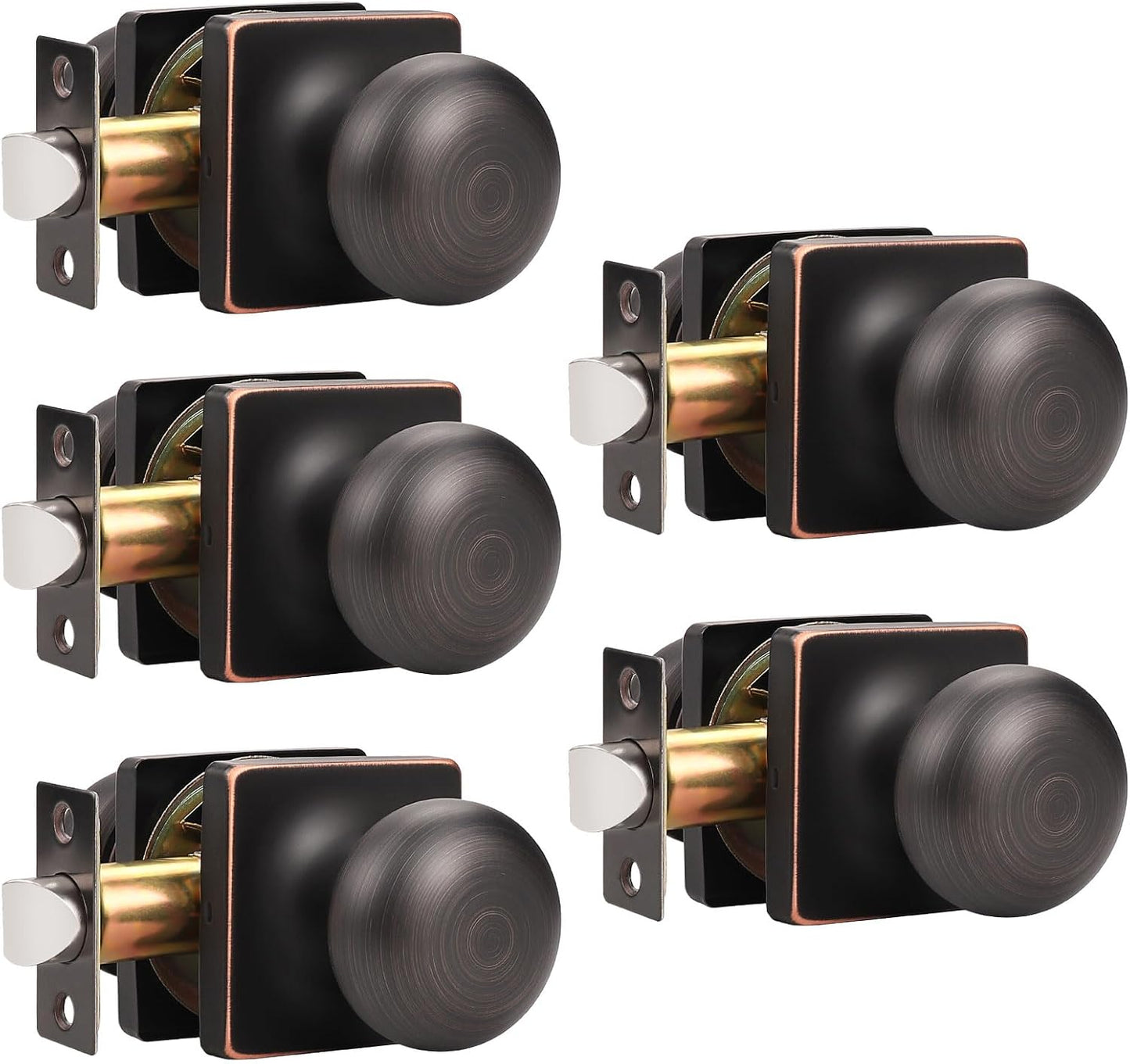 5 Pack Oil Rubbed Bronze Passage Door Knobs for Interior Closet Doors - Square Keyless Design with Lock, Round Passage Knob