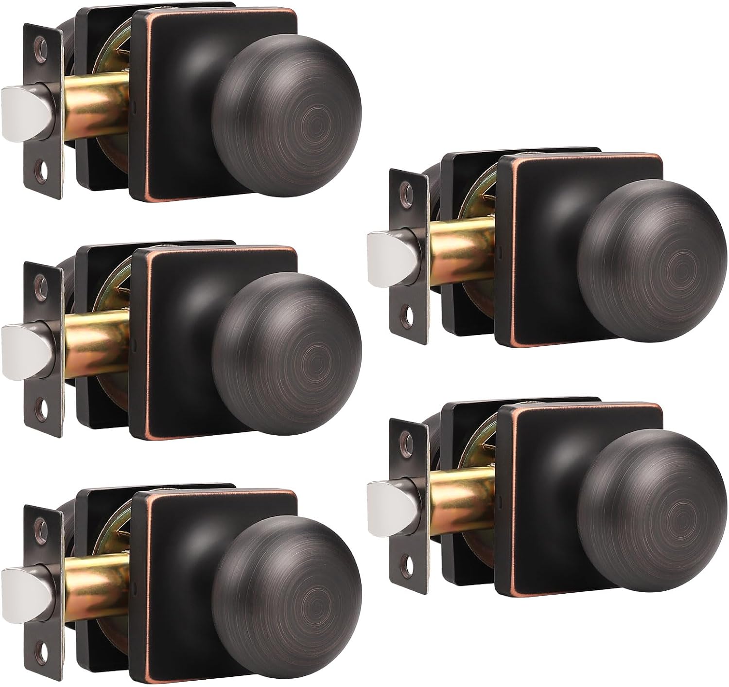 5 Pack Oil Rubbed Bronze Passage Door Knobs for Interior Closet Doors - Square Keyless Design with Lock, Round Passage Knob