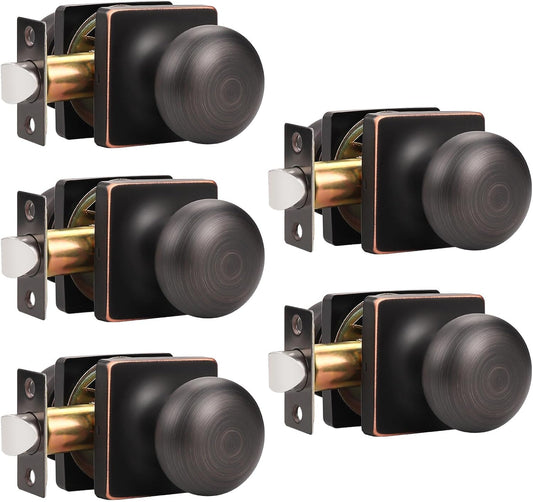 5 Pack Oil Rubbed Bronze Passage Door Knobs for Interior Closet Doors - Square Keyless Design with Lock, Round Passage Knob