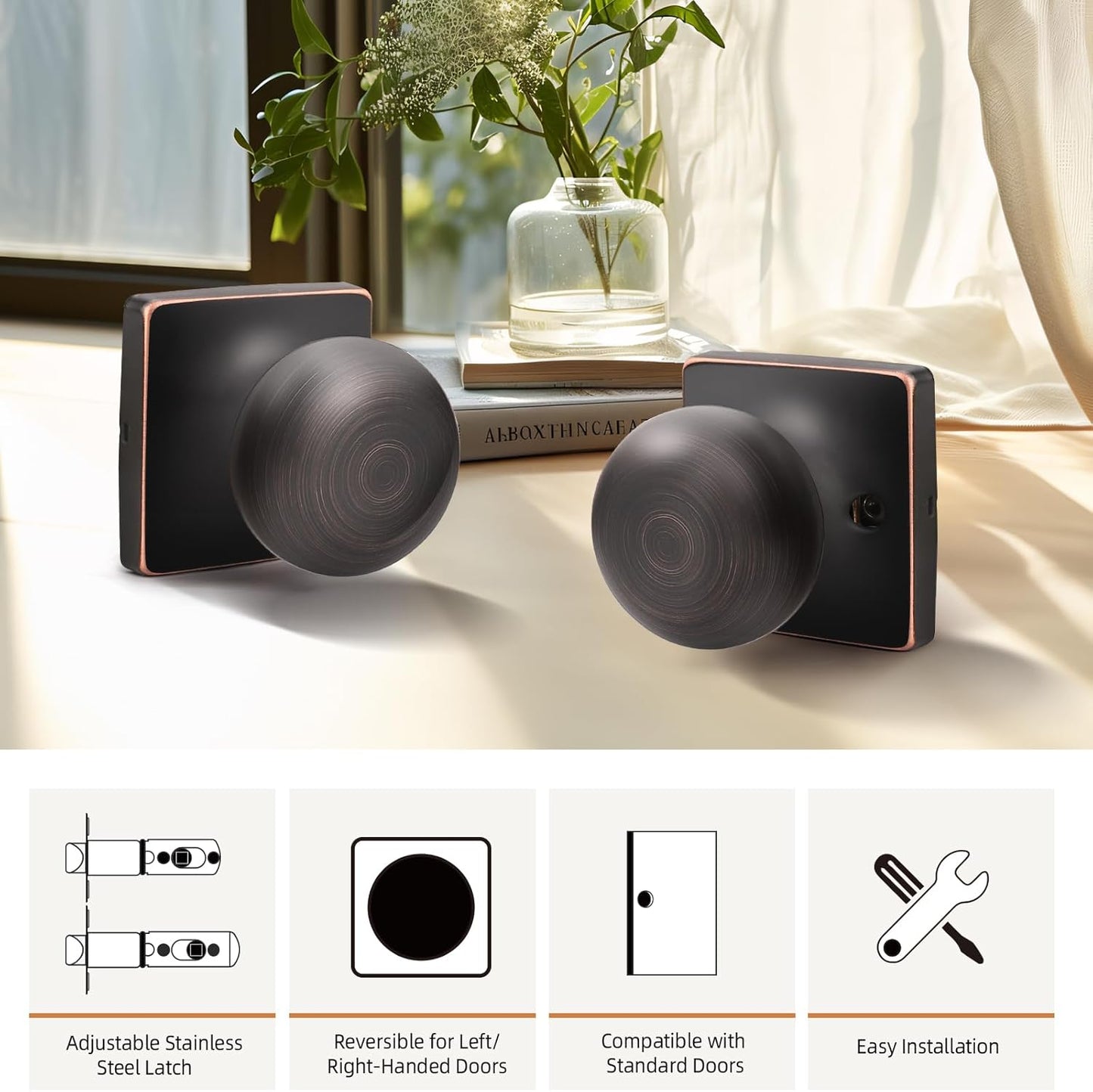 5 Pack Oil Rubbed Bronze Passage Door Knobs for Interior Closet Doors - Square Keyless Design with Lock, Round Passage Knob