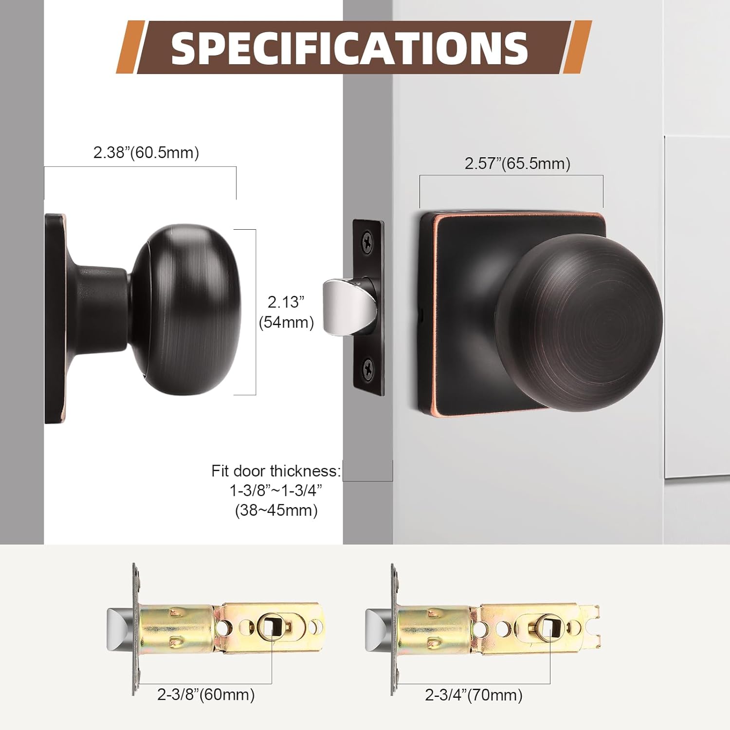 5 Pack Oil Rubbed Bronze Passage Door Knobs for Interior Closet Doors - Square Keyless Design with Lock, Round Passage Knob