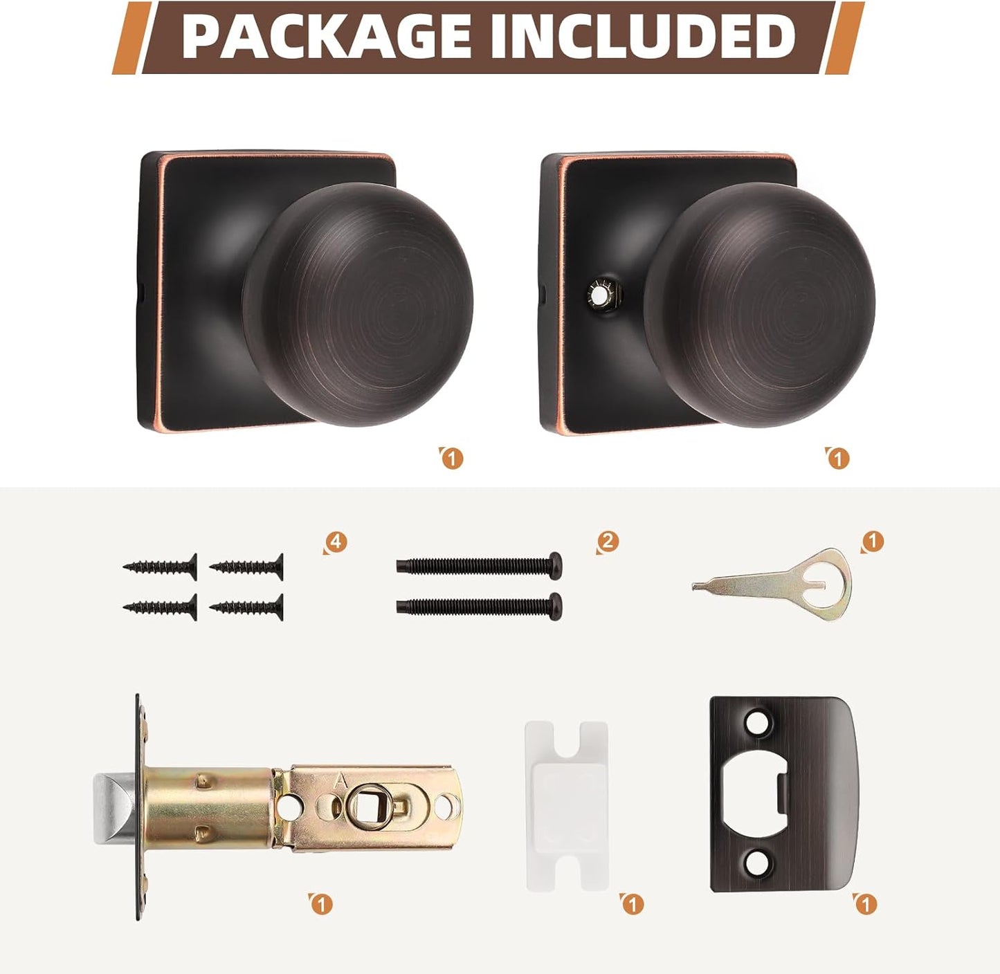 5 Pack Oil Rubbed Bronze Passage Door Knobs for Interior Closet Doors - Square Keyless Design with Lock, Round Passage Knob