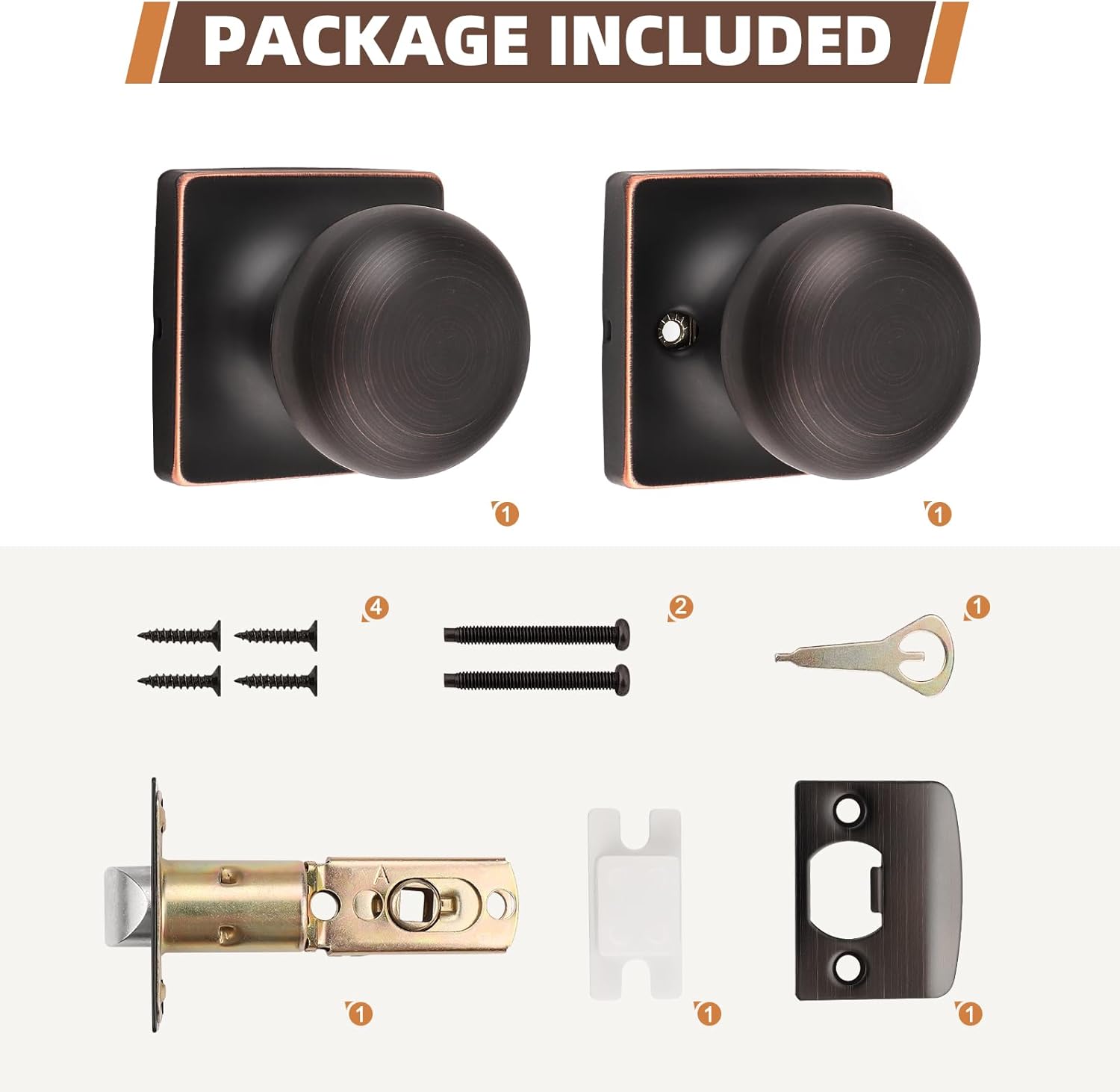 5 Pack Oil Rubbed Bronze Passage Door Knobs for Interior Closet Doors - Square Keyless Design with Lock, Round Passage Knob