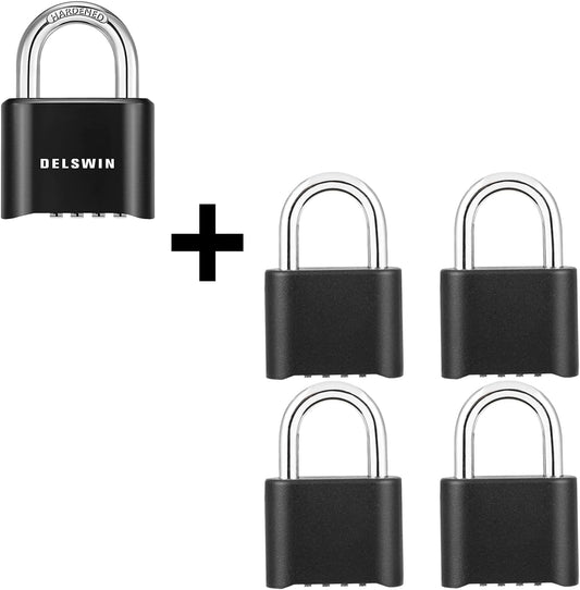 5 Pack Outdoor Waterproof Combination Locks - Heavy Duty Padlocks with Hardened Steel Shackle for Gym Locker, Storage, Shed, Fence, Gate - Black 4-Digit Combo Locks