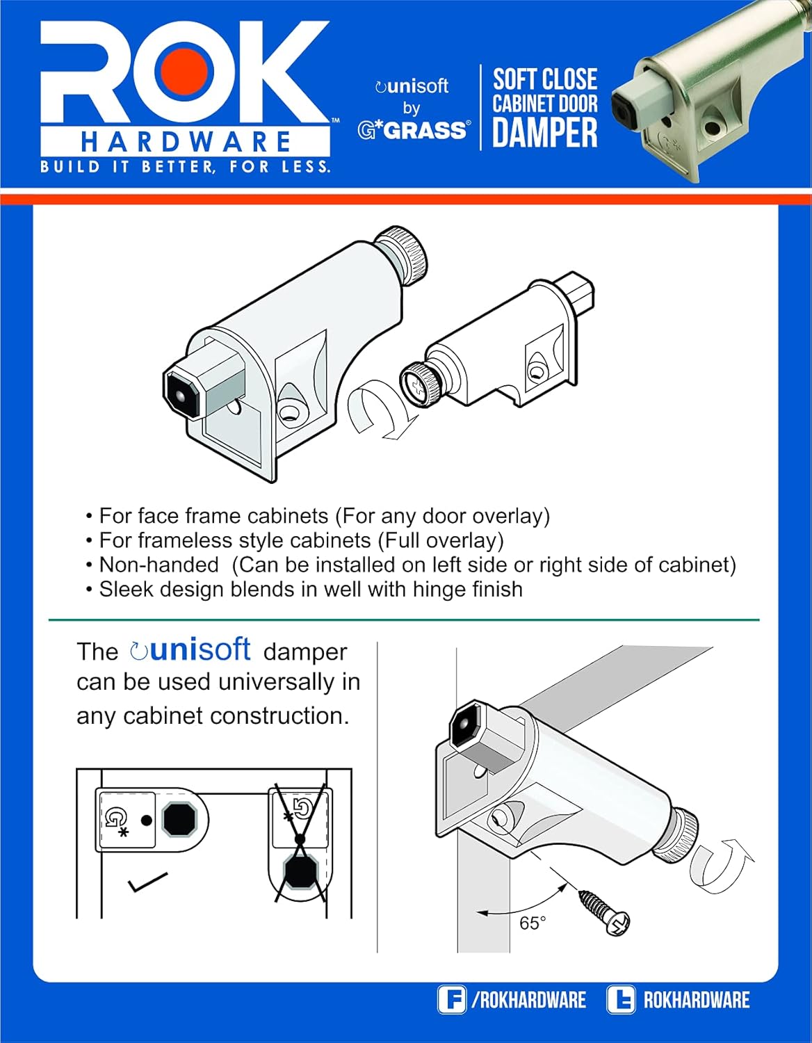 5 Pack Rok Hardware Soft Close Cabinet Door Damper Compact Adapter Hinge Polished Nickel SCD103 - WildKart