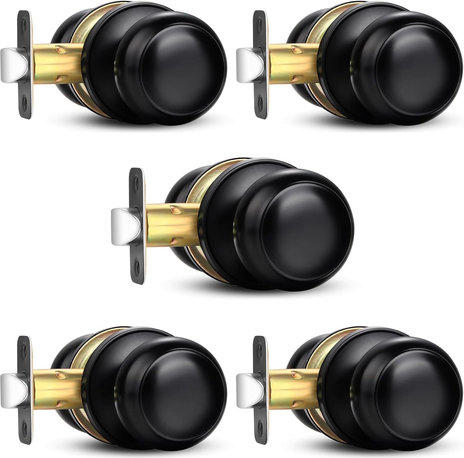 5 Pack Sopoby Black Round Keyless Door Knobs for Interior/Exterior, Passage Locking Set for Bedroom/Bathroom - Modern Black Design