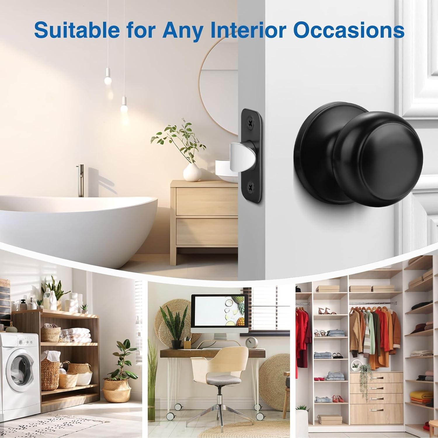 5 Pack Sopoby Black Round Keyless Door Knobs for Interior/Exterior, Passage Locking Set for Bedroom/Bathroom - Modern Black Design