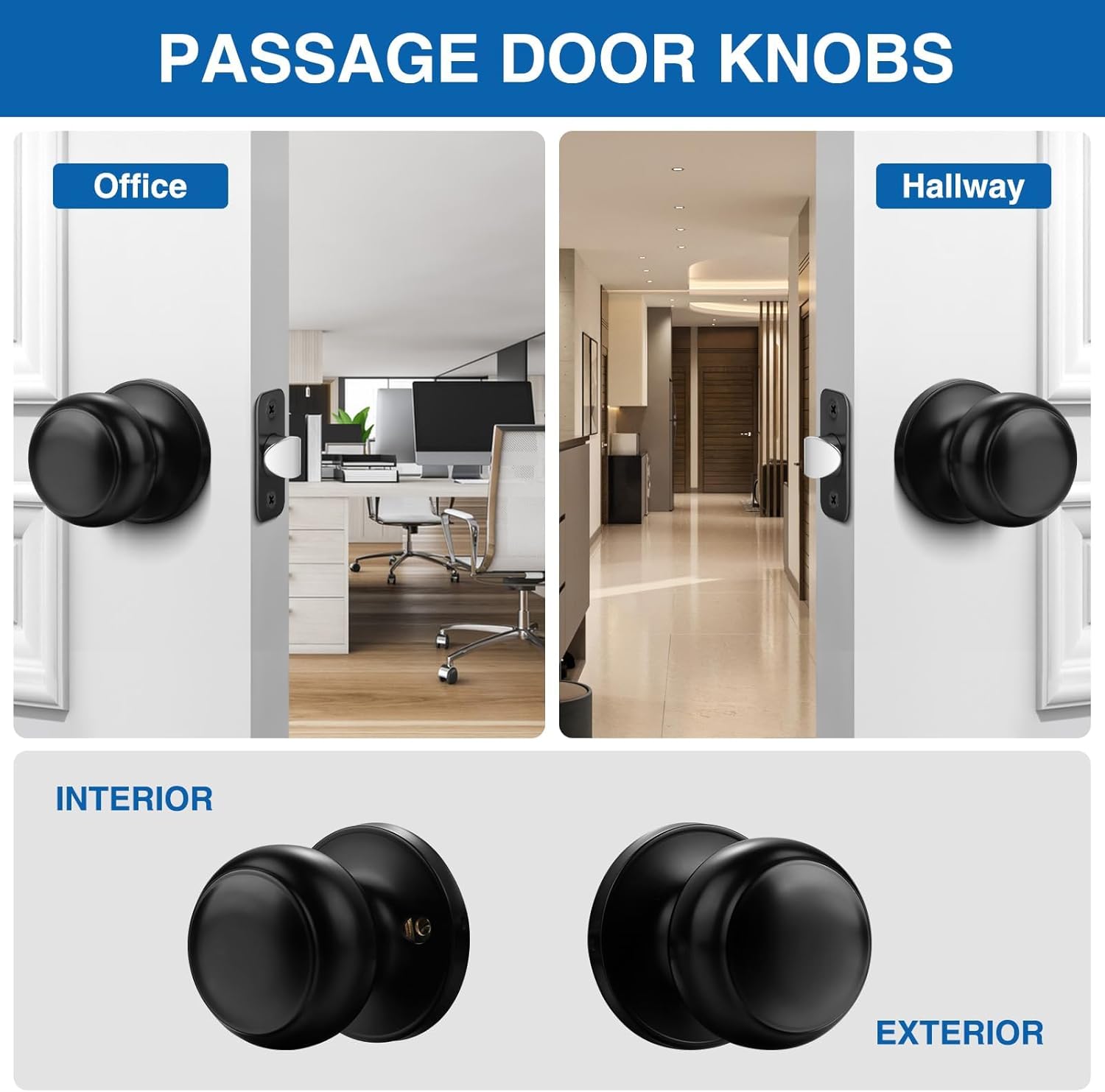 5 Pack Sopoby Black Round Keyless Door Knobs for Interior/Exterior, Passage Locking Set for Bedroom/Bathroom - Modern Black Design