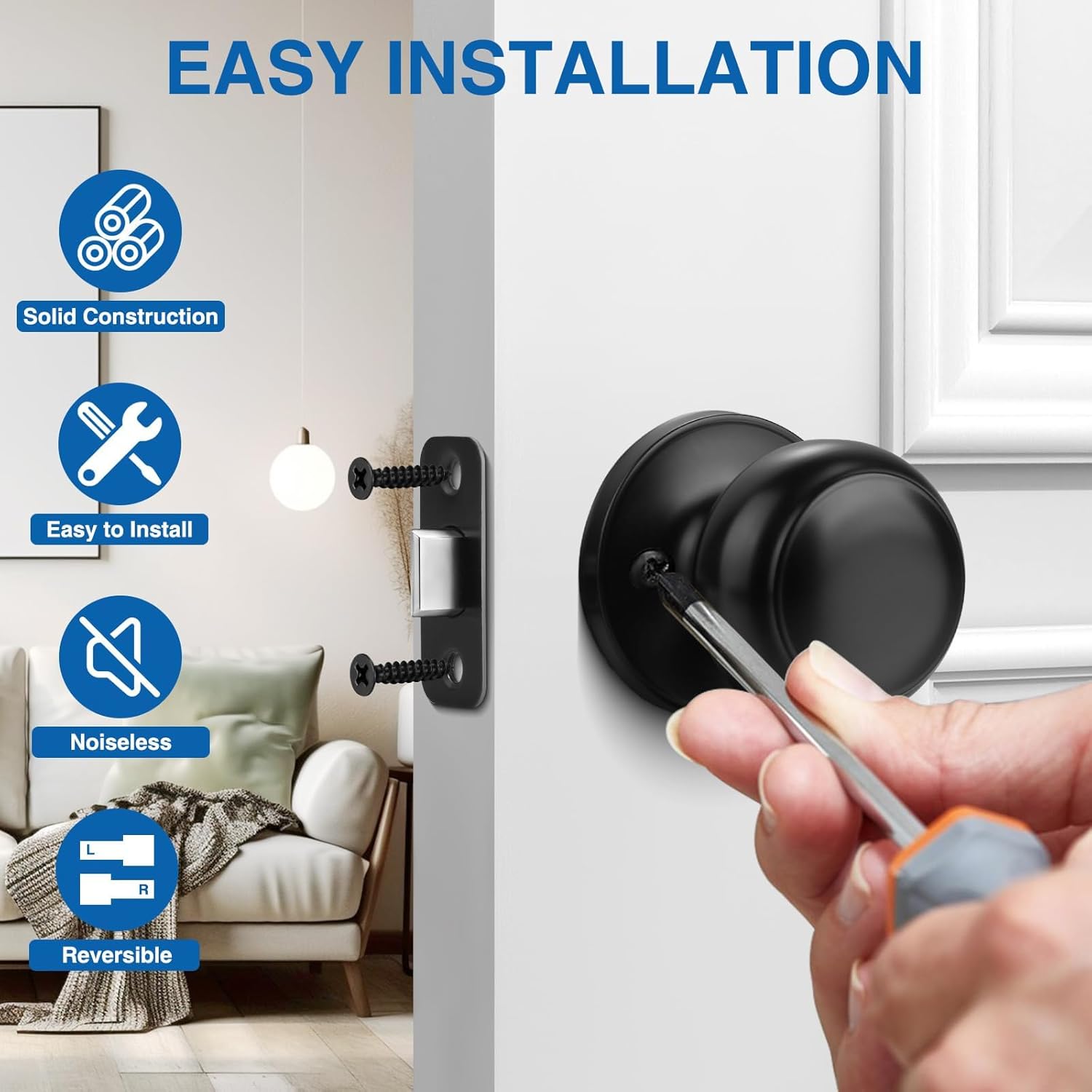 5 Pack Sopoby Black Round Keyless Door Knobs for Interior/Exterior, Passage Locking Set for Bedroom/Bathroom - Modern Black Design