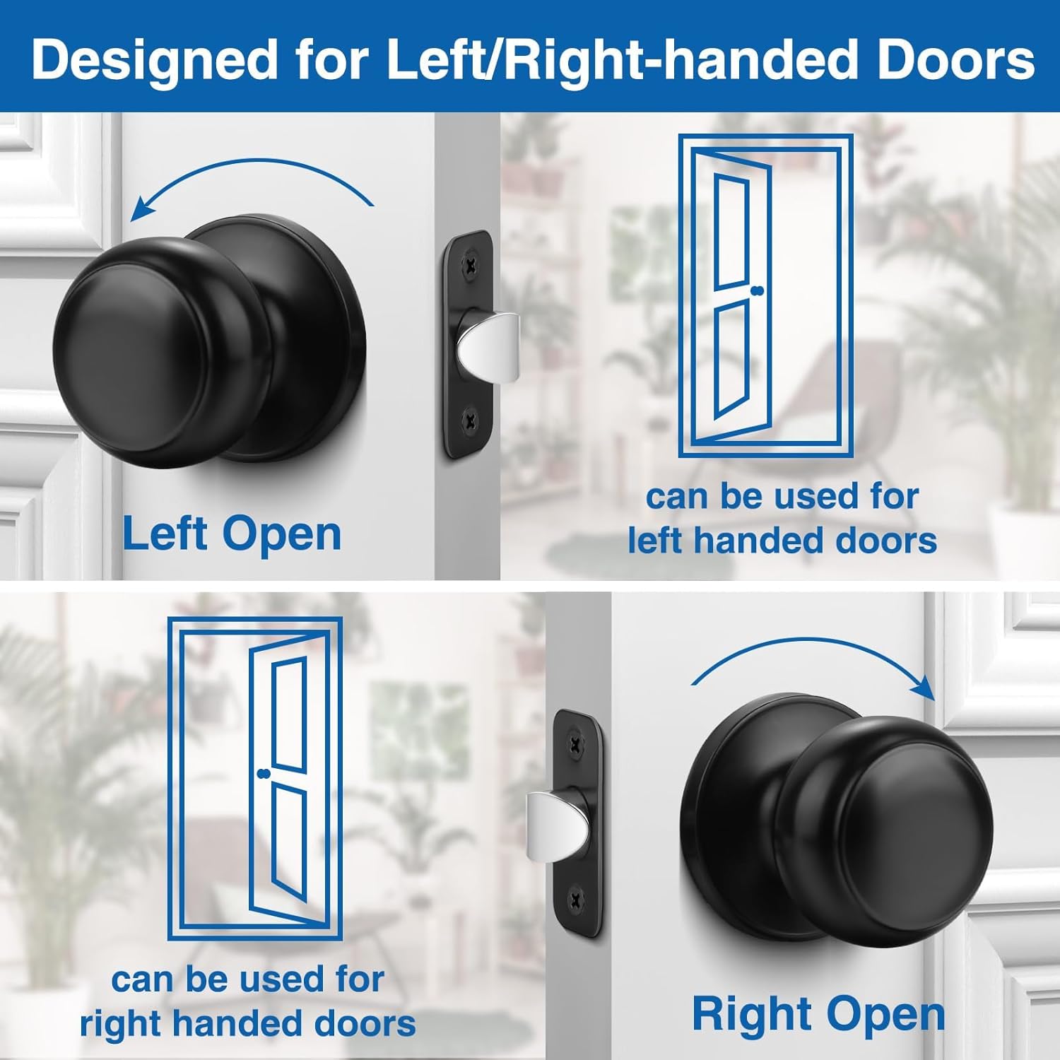 5 Pack Sopoby Black Round Keyless Door Knobs for Interior/Exterior, Passage Locking Set for Bedroom/Bathroom - Modern Black Design