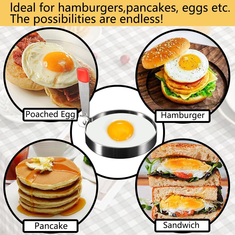 5 Pack Stainless Steel Egg Ring Molds for Cooking - Heart, Flower, Star, Micha, Round Pancake Mold Set - Red Color