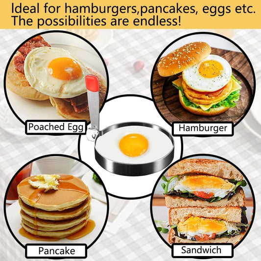 5 Pack Stainless Steel Egg Ring Molds for Cooking - Heart, Flower, Star, Micha, Round Pancake Mold Set - Red Color