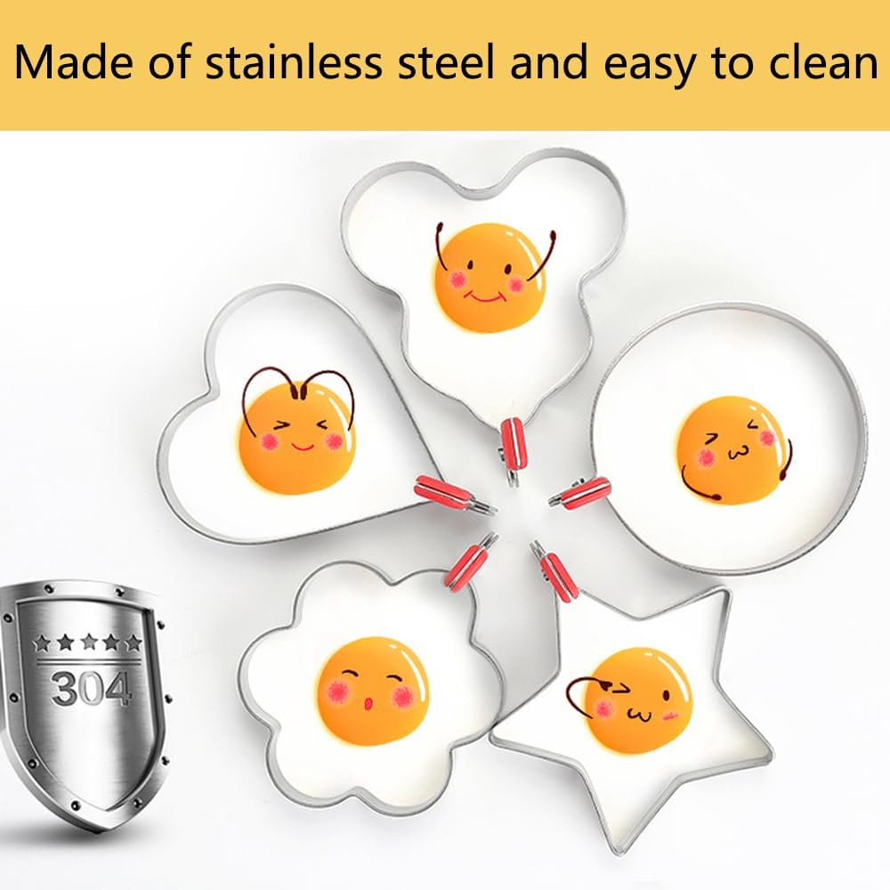 5 Pack Stainless Steel Egg Ring Molds for Cooking - Heart, Flower, Star, Micha, Round Pancake Mold Set - Red Color