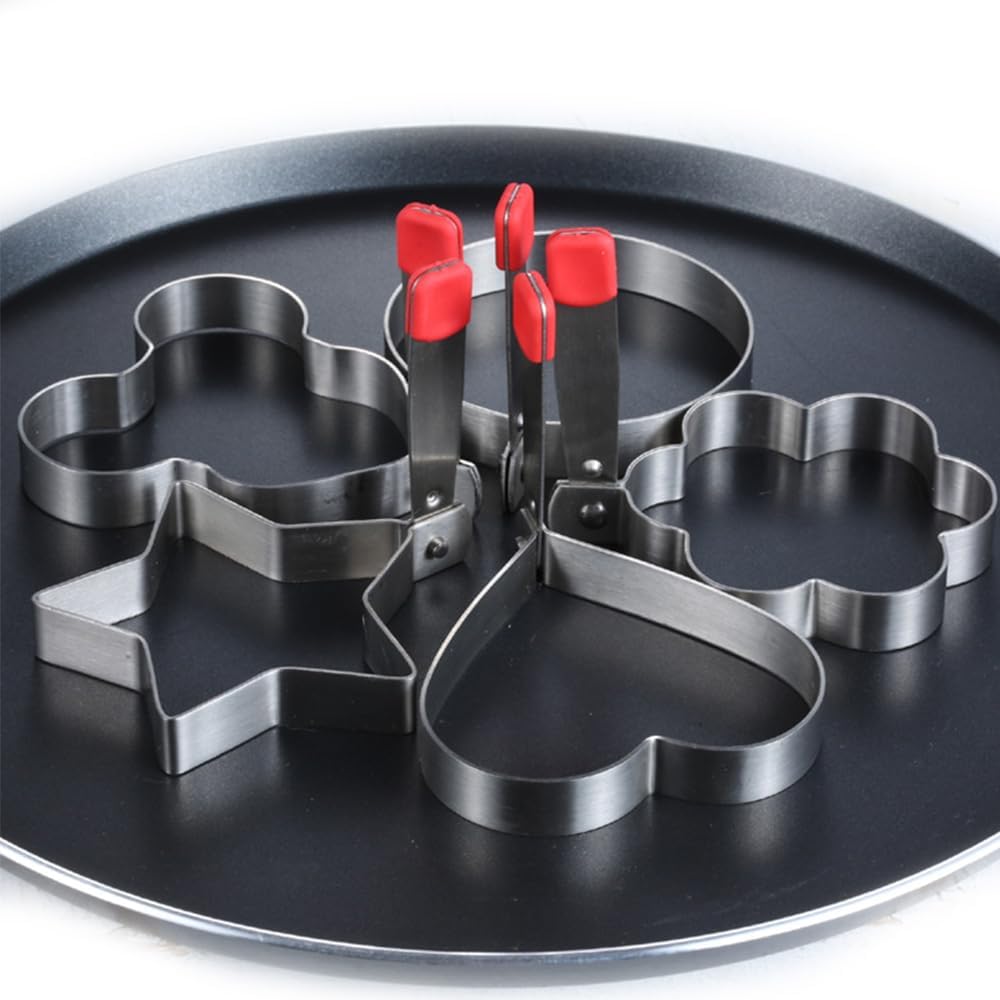 5 Pack Stainless Steel Egg Ring Molds for Cooking - Heart, Flower, Star, Micha, Round Pancake Mold Set - Red Color