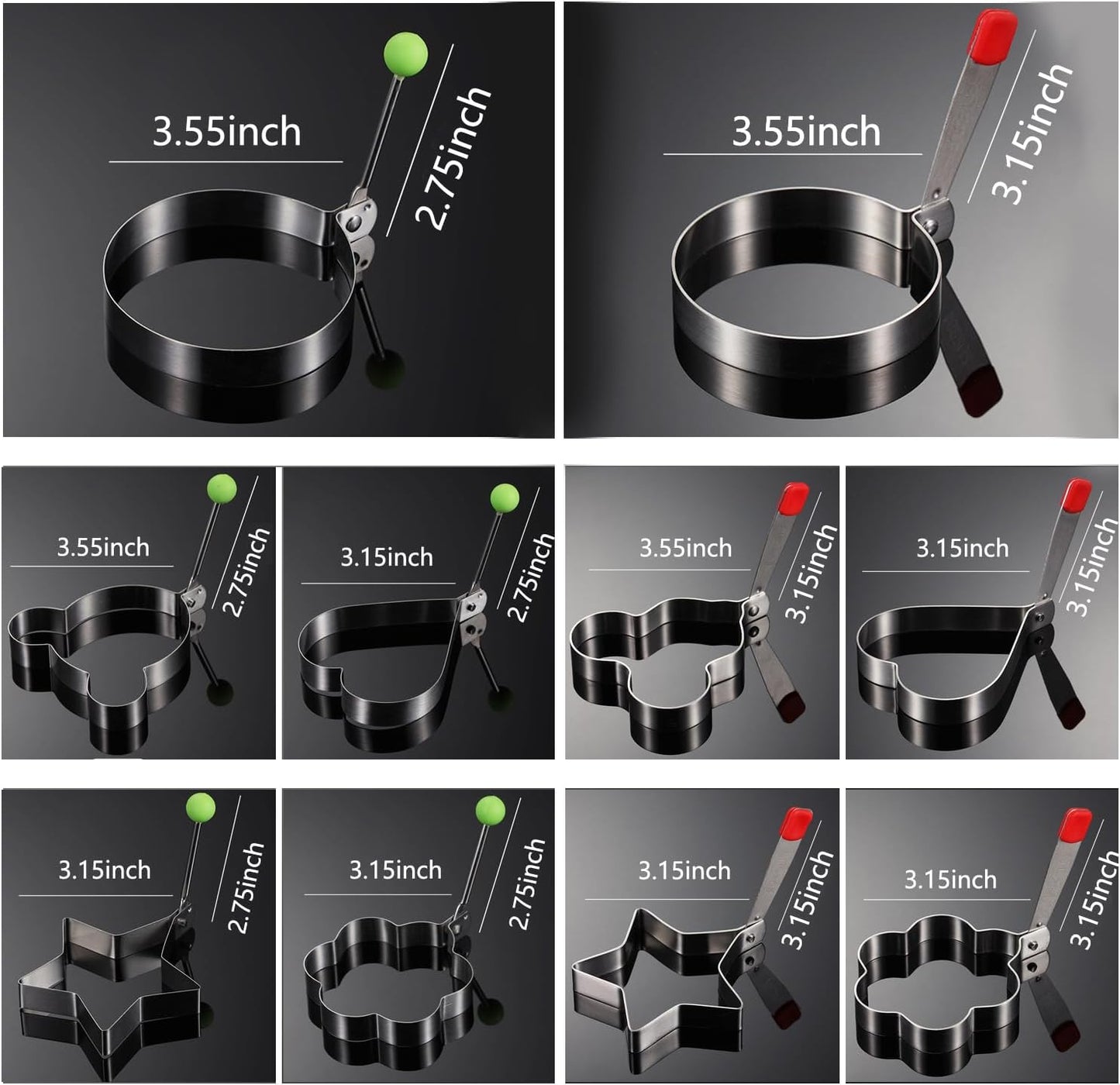 5 Pack Stainless Steel Egg Ring Molds for Cooking - Heart, Flower, Star, Micha, Round Pancake Mold Set - Red Color