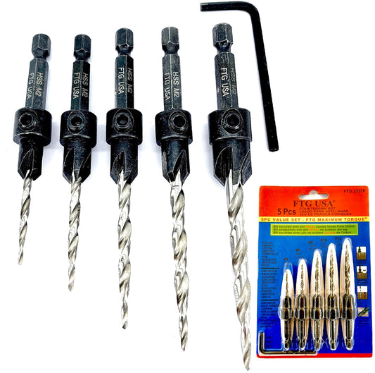 5 Pc Adjustable Tapered Wood Countersink Drill Bit Set for Woodworking - Sizes #4, #6, #8, #10, #12