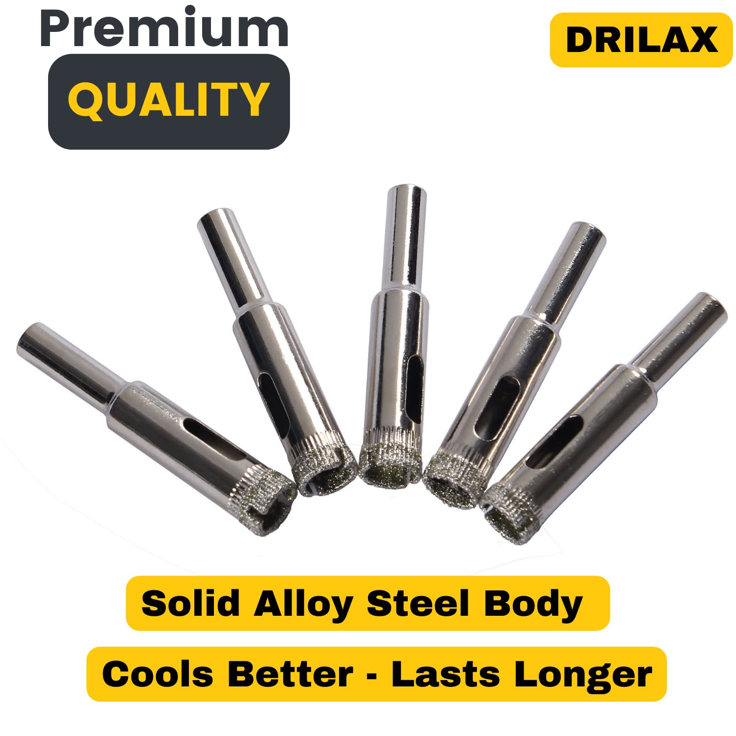 5 Pcs DRILAX 3/8 Inch Diamond Drill Bits for Ceramic Tile - Premium Alloy Steel Bits for Glass, Porcelain, Quartz, and Granite