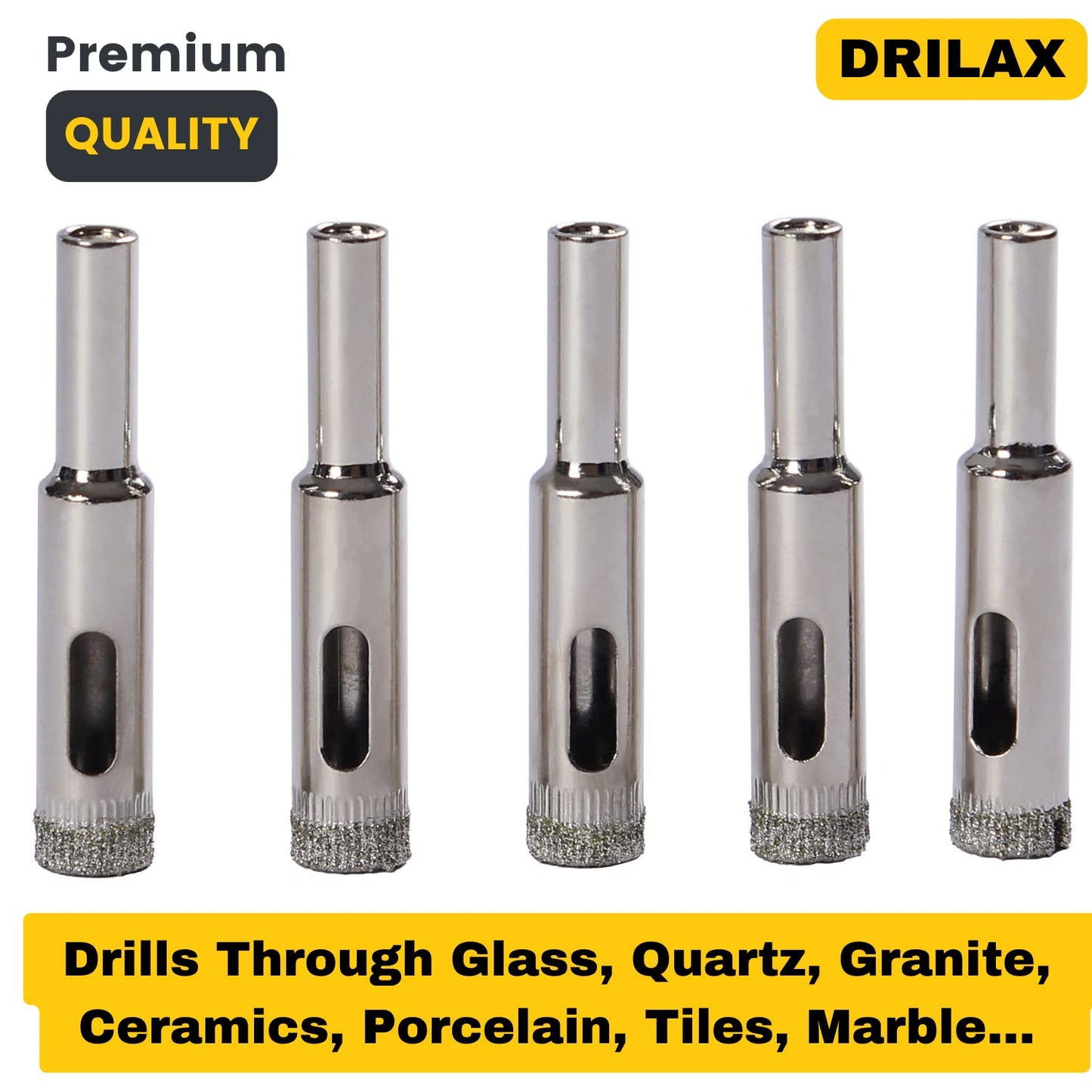 5 Pcs DRILAX 3/8 Inch Diamond Drill Bits for Ceramic Tile - Premium Alloy Steel Bits for Glass, Porcelain, Quartz, and Granite