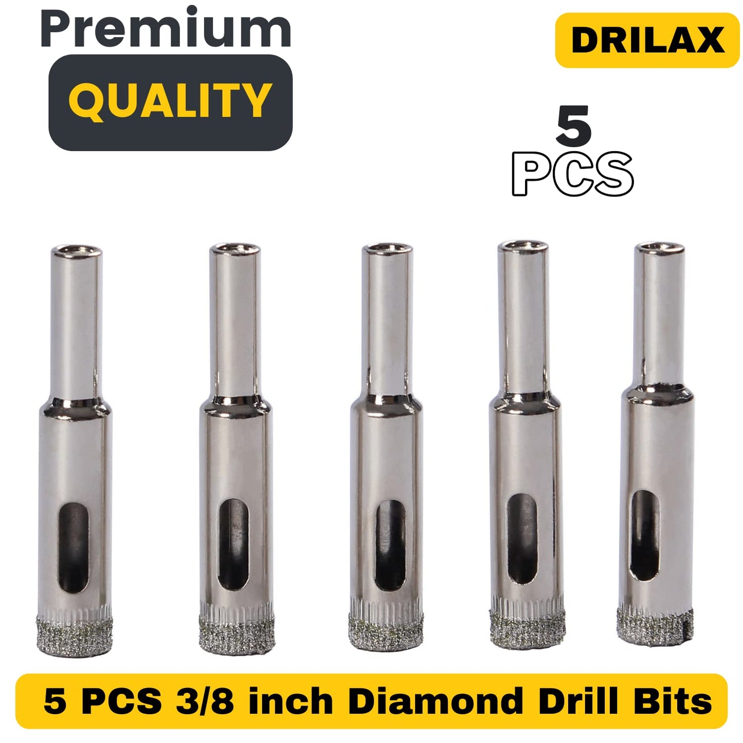 5 Pcs DRILAX 3/8 Inch Diamond Drill Bits for Ceramic Tile - Premium Alloy Steel Bits for Glass, Porcelain, Quartz, and Granite
