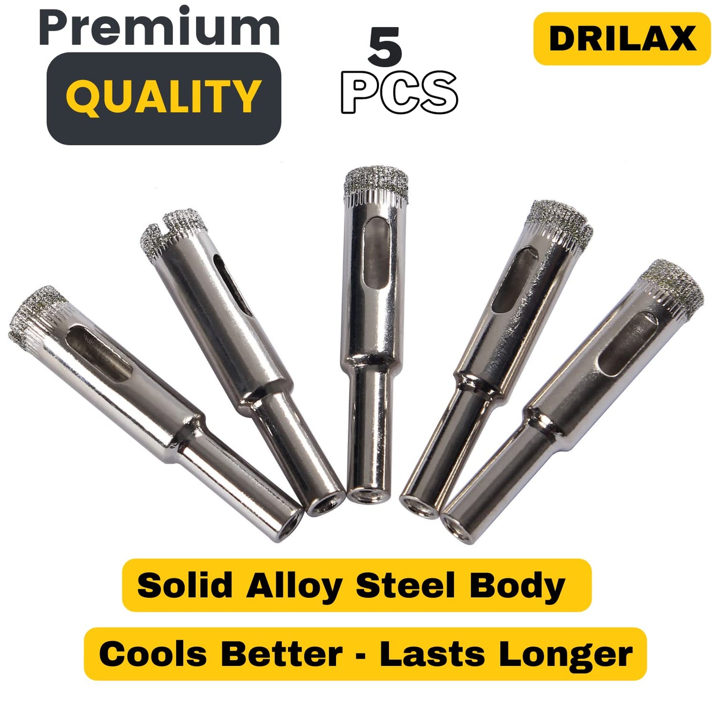 5 Pcs DRILAX 3/8 Inch Diamond Drill Bits for Ceramic Tile - Premium Alloy Steel Bits for Glass, Porcelain, Quartz, and Granite