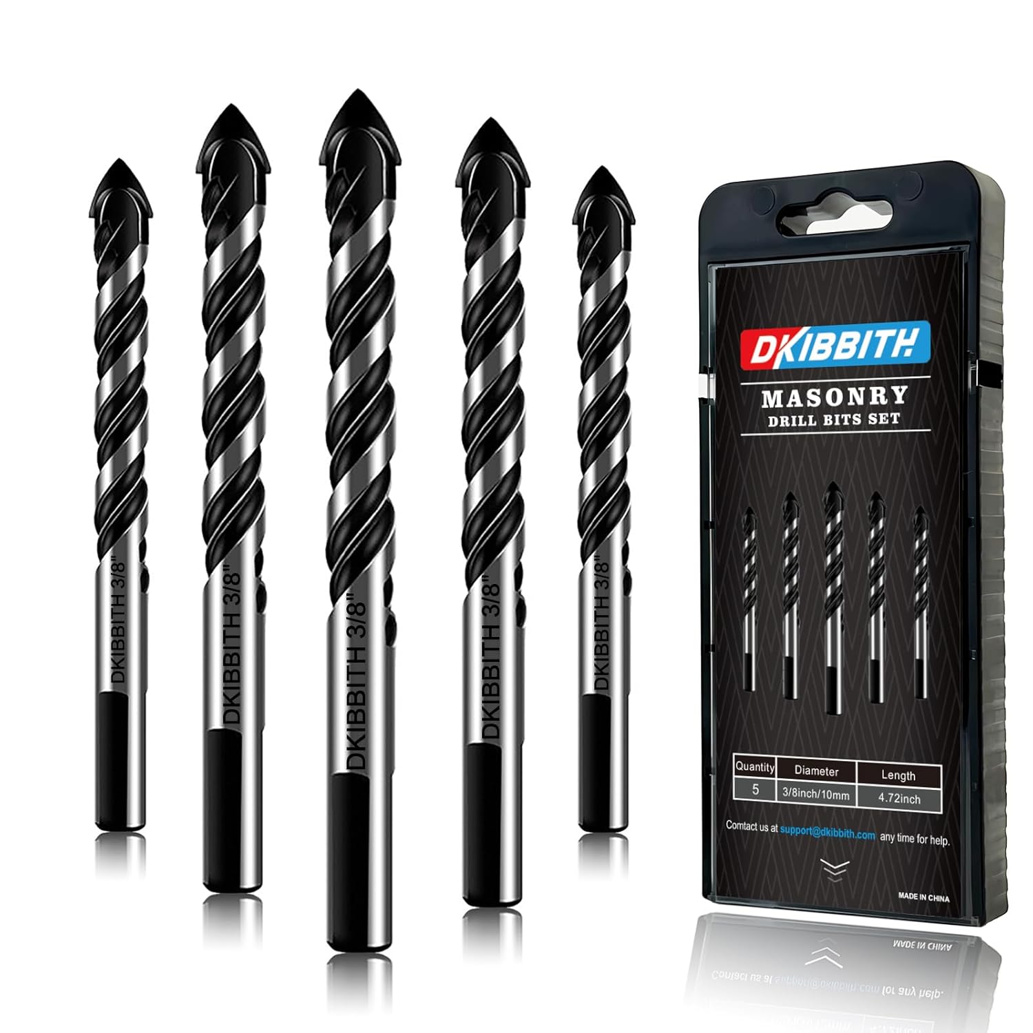 5-Piece 3/8“ Masonry Drill Bit Set for Tile, Glass, Ceramic, Brick, Stone, Metal, and Wood - Concrete, Cement, 3-Flat Shank, YG8 Carbide Tungsten Steel Alloy Tip