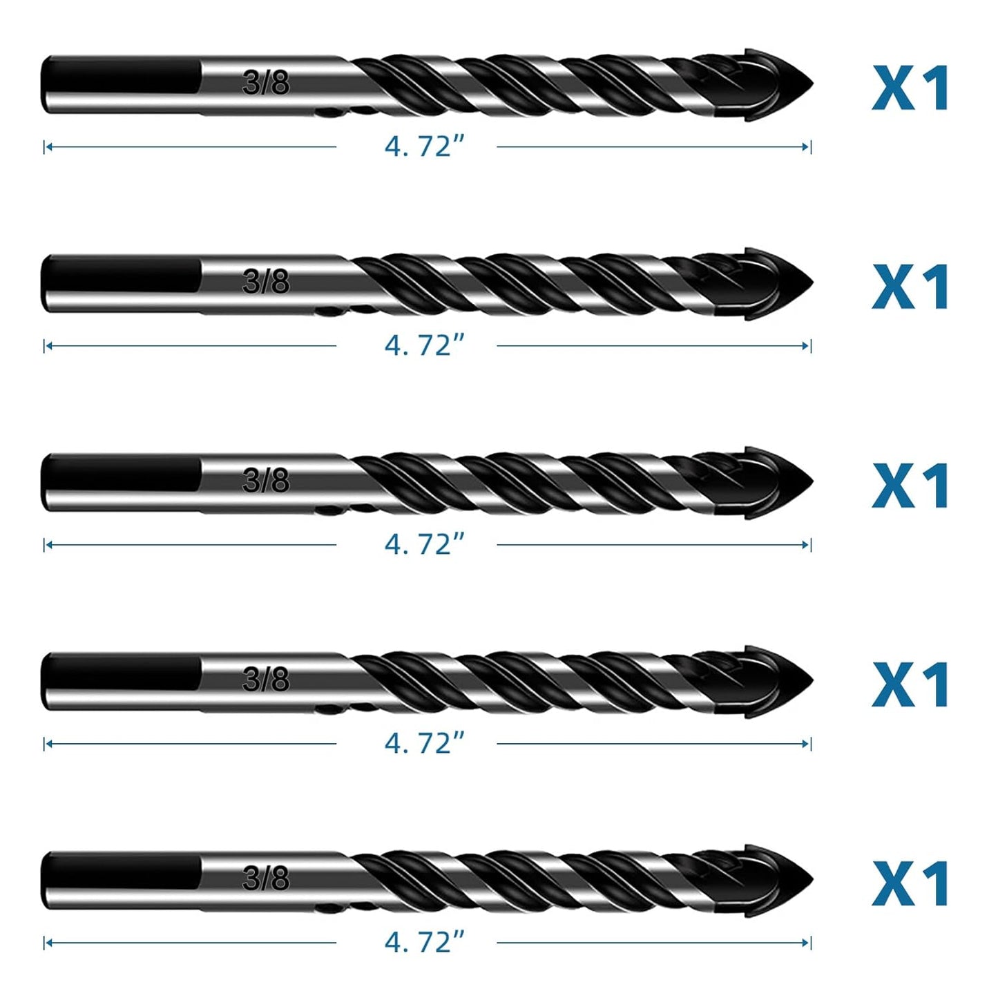 5-Piece 3/8“ Masonry Drill Bit Set for Tile, Glass, Ceramic, Brick, Stone, Metal, and Wood - Concrete, Cement, 3-Flat Shank, YG8 Carbide Tungsten Steel Alloy Tip