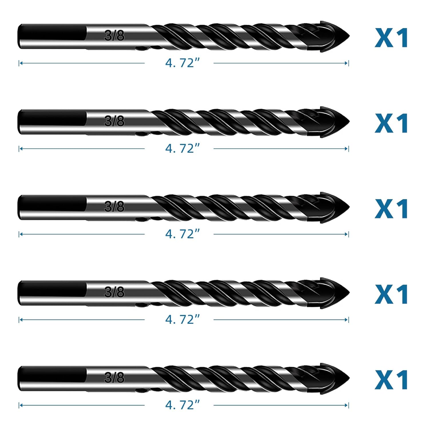 5-Piece 3/8“ Masonry Drill Bit Set for Tile, Glass, Ceramic, Brick, Stone, Metal, and Wood - Concrete, Cement, 3-Flat Shank, YG8 Carbide Tungsten Steel Alloy Tip