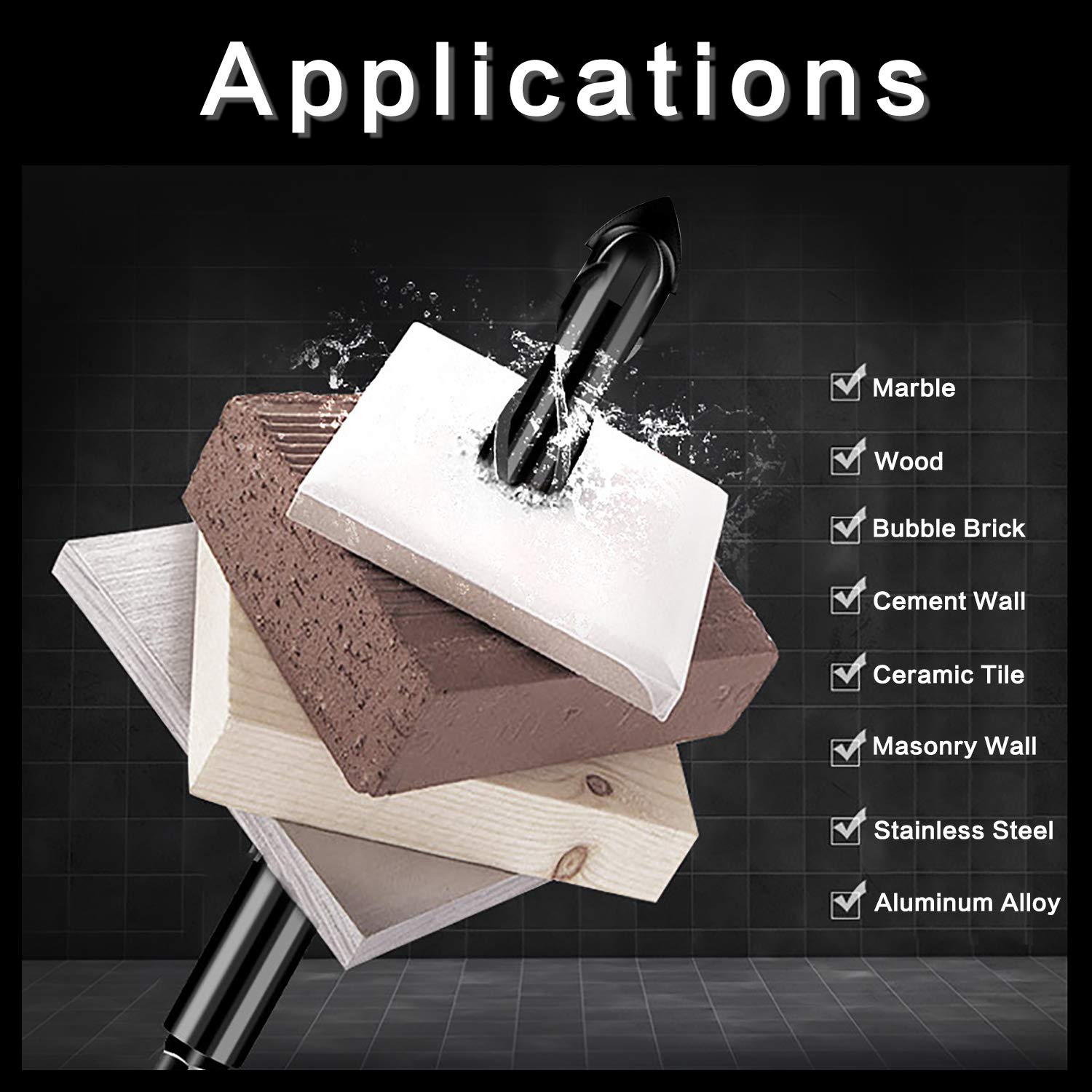 5-Piece 3/8“ Masonry Drill Bit Set for Tile, Glass, Ceramic, Brick, Stone, Metal, and Wood - Concrete, Cement, 3-Flat Shank, YG8 Carbide Tungsten Steel Alloy Tip