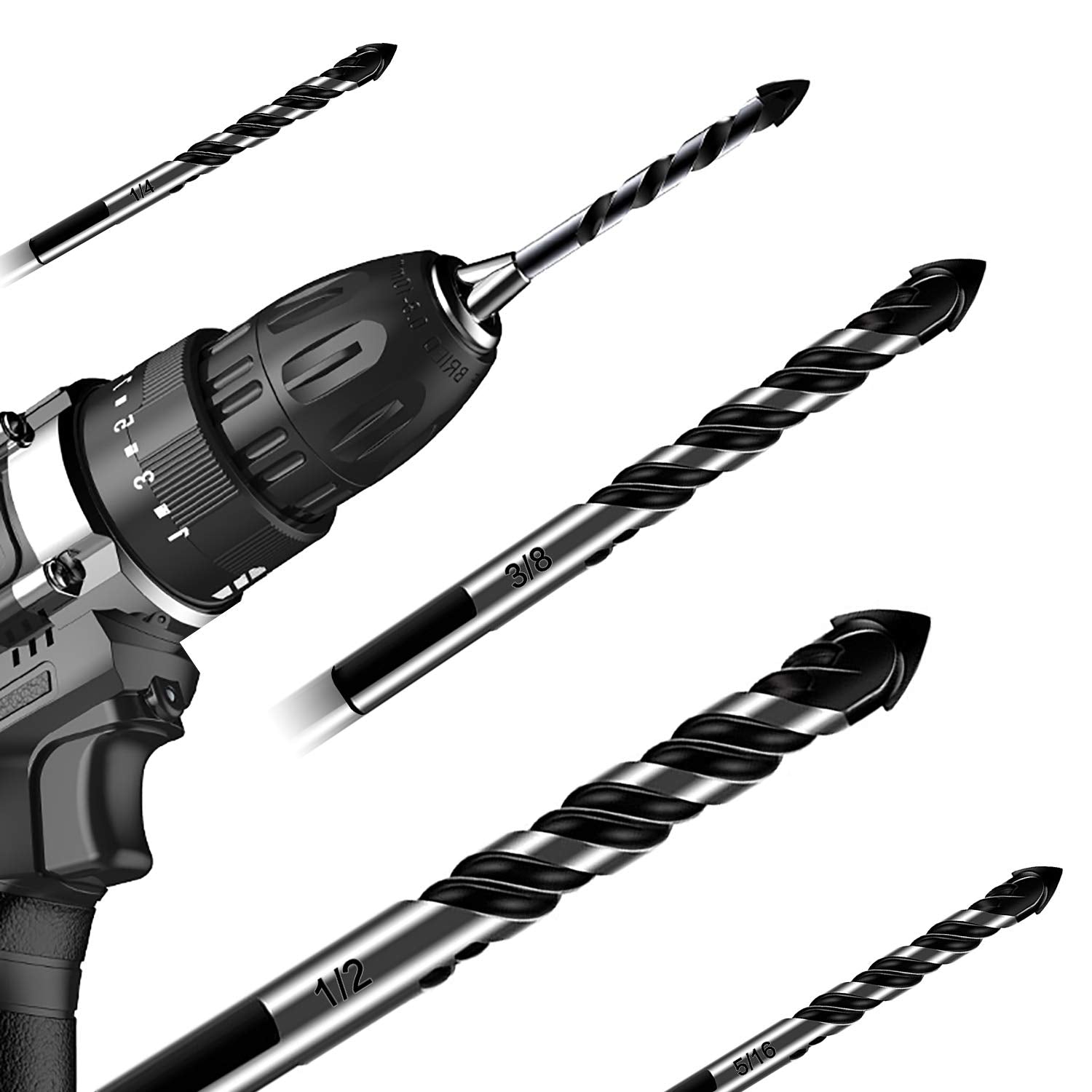 5-Piece 3/8“ Masonry Drill Bit Set for Tile, Glass, Ceramic, Brick, Stone, Metal, and Wood - Concrete, Cement, 3-Flat Shank, YG8 Carbide Tungsten Steel Alloy Tip