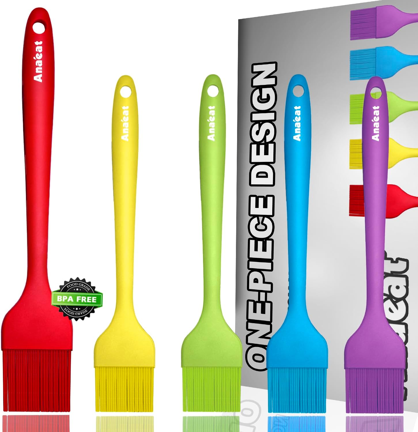 5-Piece Anaeat Silicone Basting Pastry Brush Set - Heat Resistant, Hygienic Design for BBQ, Grill, Baking - BPA Free & Dishwasher Safe - 10"+8.2