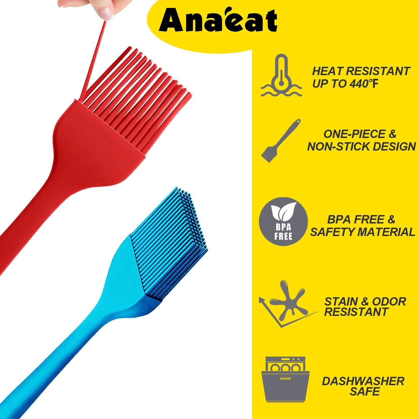 5-Piece Anaeat Silicone Basting Pastry Brush Set - Heat Resistant, Hygienic Design for BBQ, Grill, Baking - BPA Free & Dishwasher Safe - 10"+8.2
